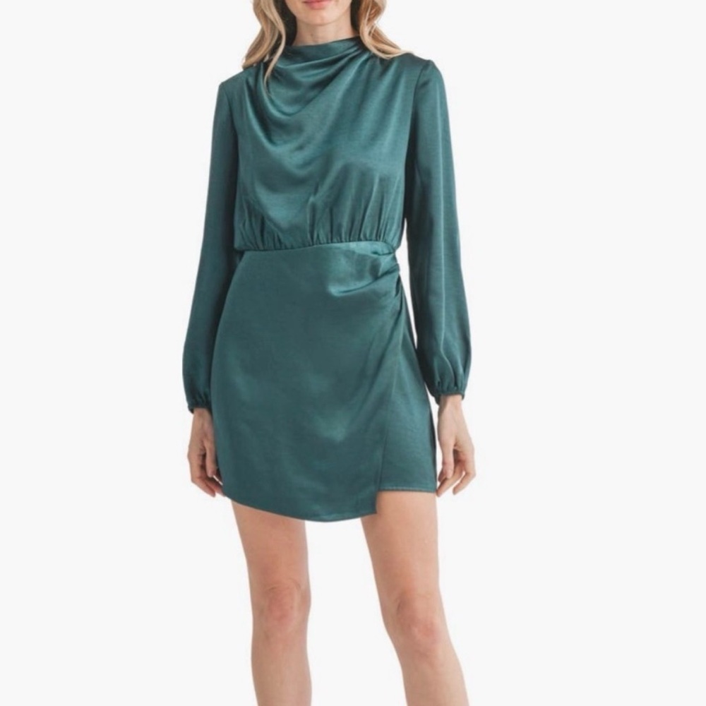 NWT Lush Nordstrom High Cowl Neck Long Sleeve Satin Minidress Teal sz XS
